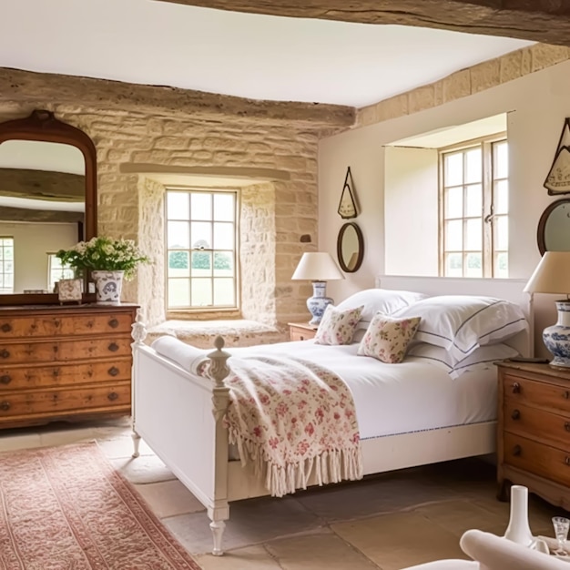 Diseño interior de la decoración del dormitorio de la casa de campo y cama de alquiler de vacaciones con ropa de cama elegante y muebles antiguos Casa de campo inglesa y estilo de granja