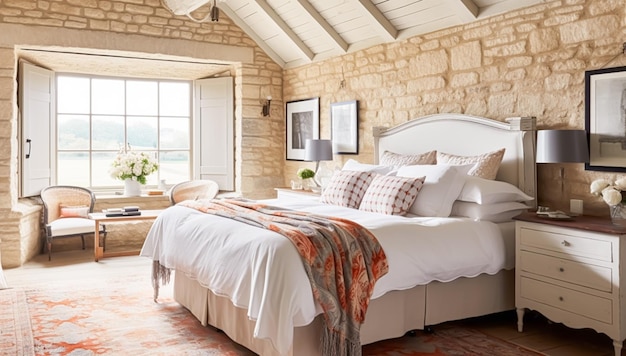Diseño interior de la decoración del dormitorio de la casa de campo y cama de alquiler de vacaciones con ropa de cama elegante y muebles antiguos Casa de campo inglesa y estilo de granja