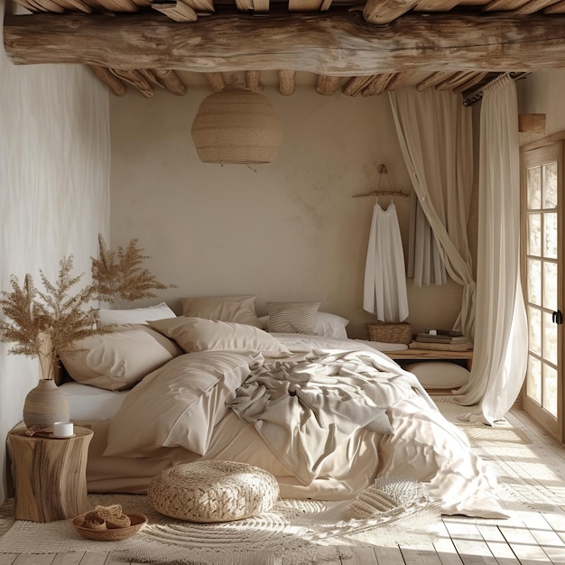 Diseño interior de dormitorio boho foto realista