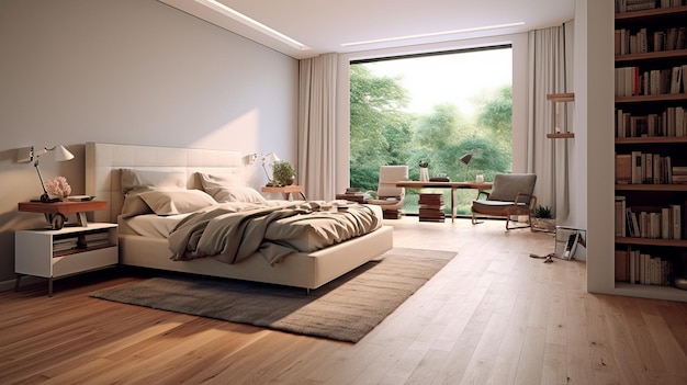 Diseño interior de dormitorio de dormitorio moderno con piso de madera.
