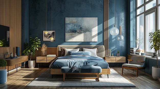 Diseño interior de dormitorio estética mínima 3d renderizado