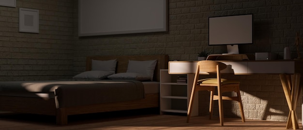 Foto diseño interior de dormitorio minimalista y cómodo con cama cómoda y estación de trabajo mínima