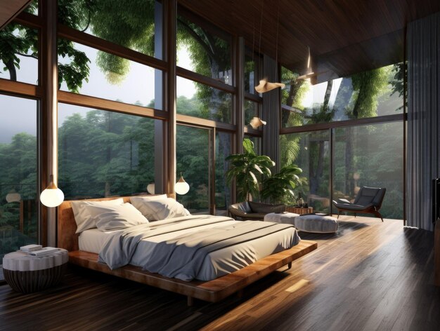 Diseño interior de un dormitorio moderno con grandes ventanas panorámicas en el bosque tropical