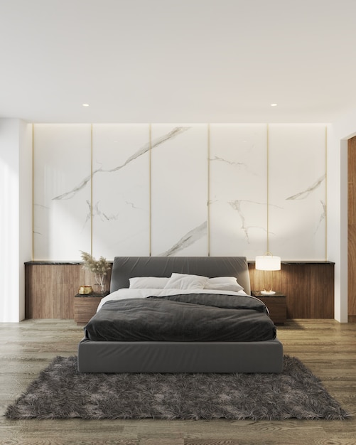 El diseño interior del dormitorio moderno y la textura de la pared de mármol blanco. Representación 3d