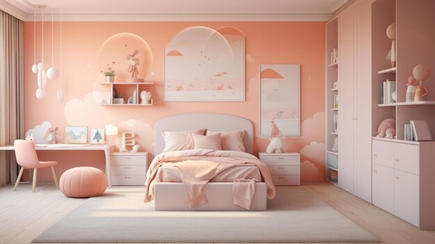 El diseño interior del dormitorio de los niños es minimalista con un color pantone de melocotón suave