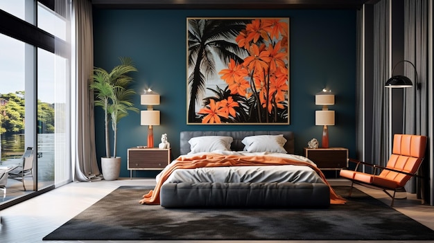 Diseño interior de un dormitorio con paredes de tono oscuro IA generativa
