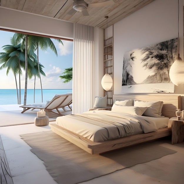 Foto diseño interior de dormitorio de playa en el estilo de ray tracing