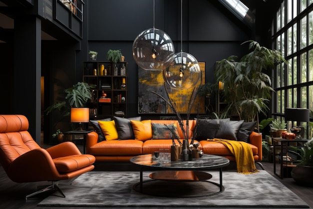Diseño interior ecléctico de sala de estar moderna con negro
