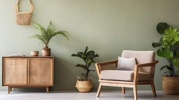 Diseño interior elegante de la sala de estar con comodín retro de madera