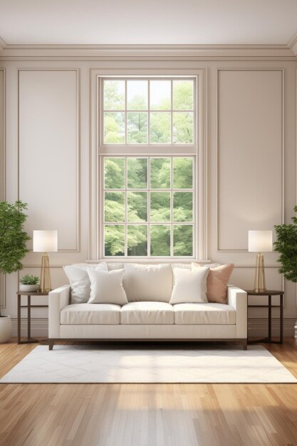 Diseño interior elegante de la sala de estar con grandes ventanas y sofá blanco