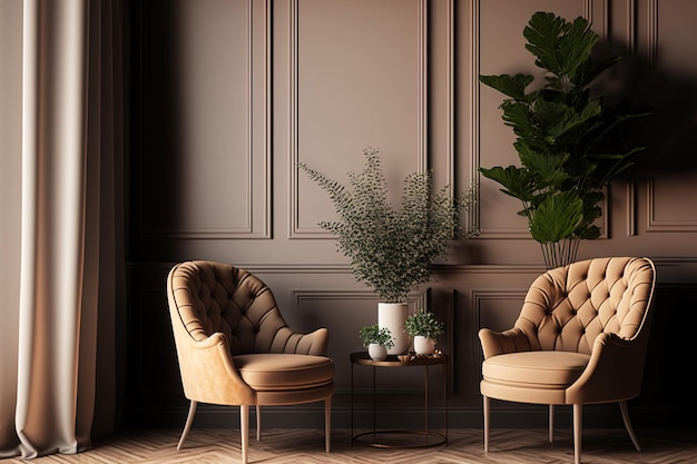 Diseño interior elegante con sillas acogedoras y una planta cerca de una pared beige