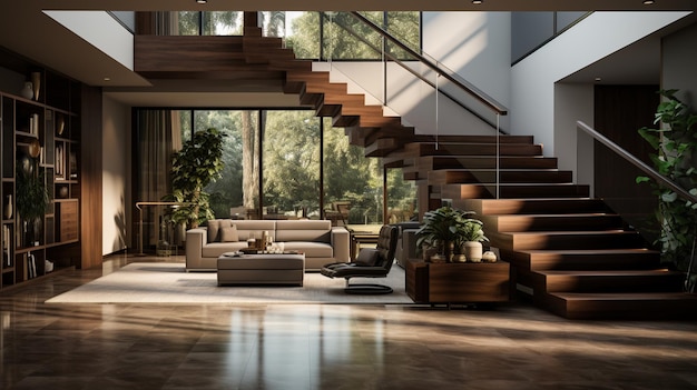 Diseño interior de escalera moderna en villa Generative Ai