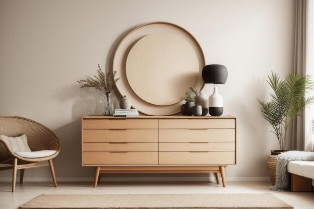 Foto diseño interior escandinavo de bohemia de la sala de estar con tocador de madera y pared de estuco beige