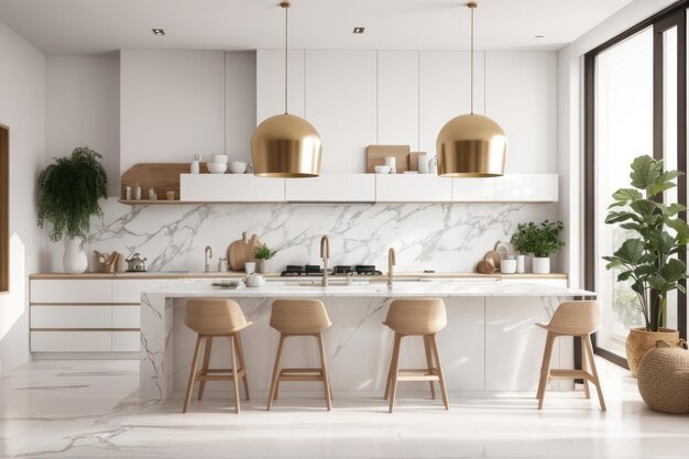 diseño interior escandinavo de la cocina con sillas y isla de mármol
