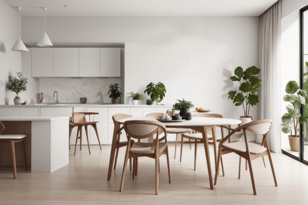 Diseño interior escandinavo del comedor con mesa y silla en el apartamento