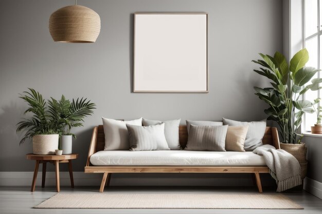 Diseño interior escandinavo de la sala de estar con banco de madera y maqueta de marco de cartel vacío