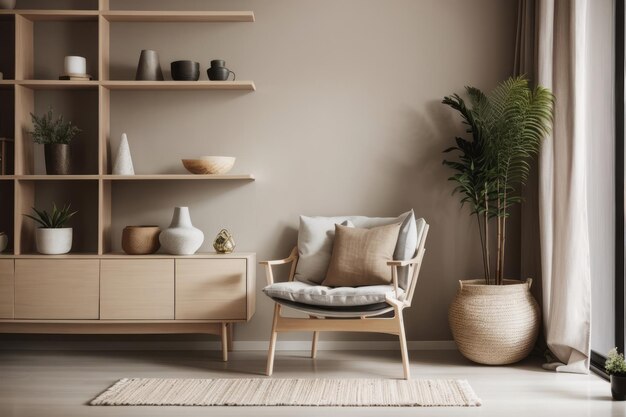 Diseño interior escandinavo de una sala de estar moderna con sillas y estantes de madera beige