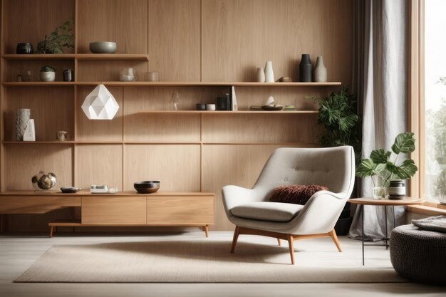 Diseño interior escandinavo de una sala de estar moderna con sillón y pared de madera y estantes ornamentados