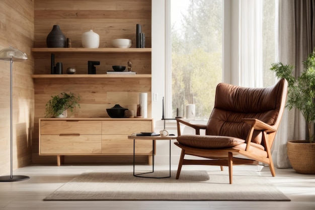 Diseño interior escandinavo de una sala de estar moderna con sillón y pared de madera y estantes ornamentados