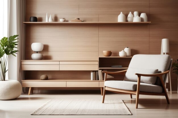Diseño interior escandinavo de la sala de estar con sillón y estantes de madera