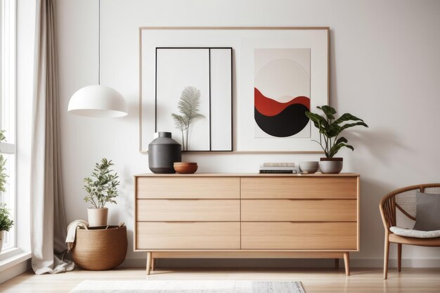 Diseño interior escandinavo de la sala de estar con tocador de madera y marco de póster de arte