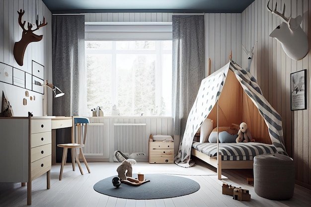 Diseño interior escandinavo de sala de juegos con armario de madera.