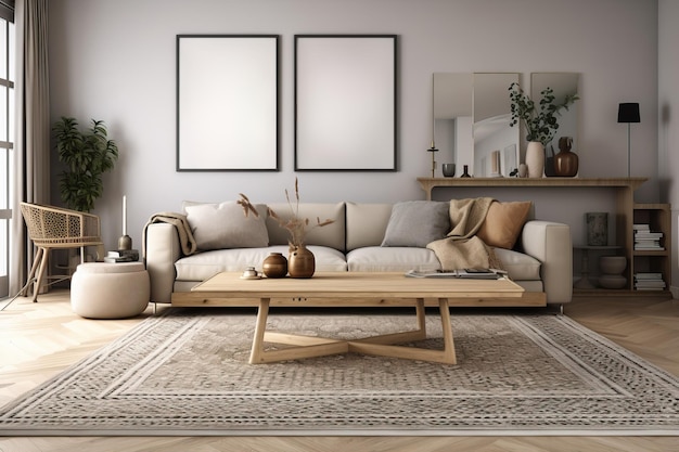 Diseño interior escandinavo con sofá beige, mesa boho de madera y moqueta en una habitación moderna generada por IA