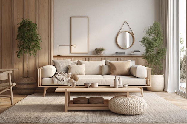 Diseño interior escandinavo con sofá beige, mesa boho de madera y moqueta en el moderno salón costero F