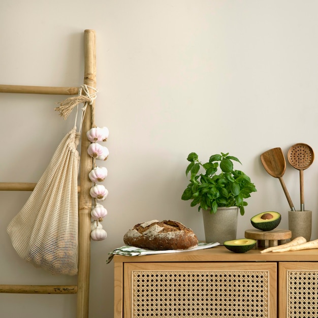 Diseño interior del espacio de la cocina con escalera de mimbre con cómoda, hierbas, verduras, comida y accesorios de cocina en una decoración casera moderna Plantillas