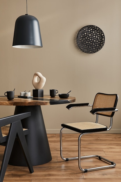 Diseño interior de espacio de comedor moderno con elegantes sillas, mesa de madera, lámpara de pedante negra, decoración, vasija de cerámica, tetera con tazas. Decoración elegante para el hogar.