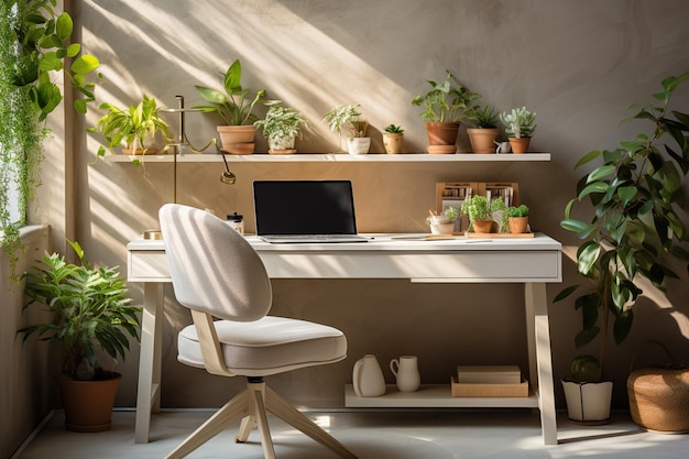 Diseño interior del espacio de la oficina en el hogar con un elegante escritorio de madera, una hermosa silla, una plataforma para computadora portátil