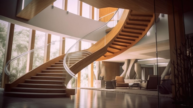 Diseño interior de espacio de oficina moderno y espacioso con una escalera de caracol de madera y plantas decorativas IA generativa AIG27