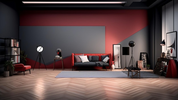 Foto diseño interior de un espacio rectangular como y estudio de videografía con diferentes paredes deseando filmar diferentes