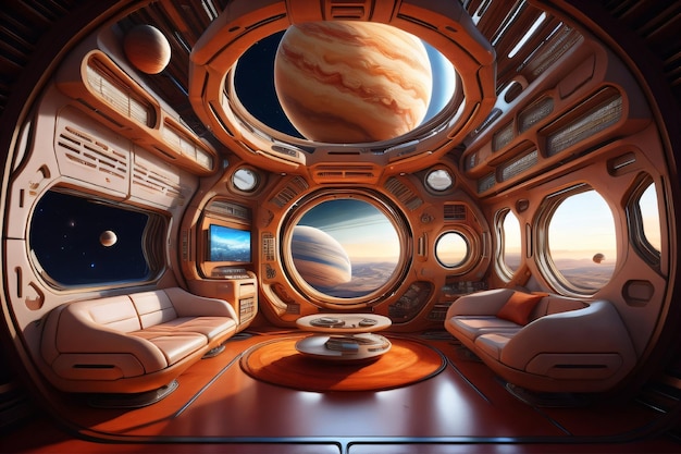 Diseño interior del espacio de la sala de estar con planeta
