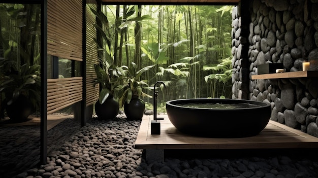 El diseño interior del estilo de baño de madera y guijarros y la bañera cuadrada en tonos oscuros con vistas a la naturaleza Imagen generativa de IA AIG30