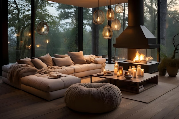 Diseño interior de estilo fotográfico moderno con sofá beige o gris y mesa lateral de madera