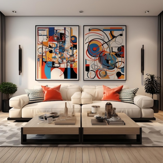 Diseño interior de estilo pop art de la sala de estar moderna con dos sofás beige