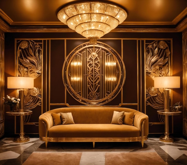 Diseño interior de estilo retro con decoración dorado Art Deco