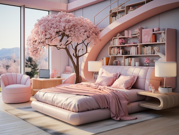 Diseño interior de un fondo de dormitorio rosa.