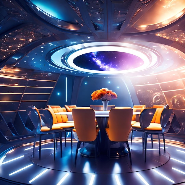 Diseño interior futurista de superficie dura del arte generativo del comedor de la nave espacial por AI