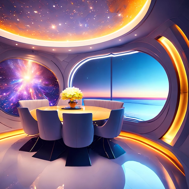 Diseño interior futurista de superficie dura del arte generativo del comedor de la nave espacial por AI