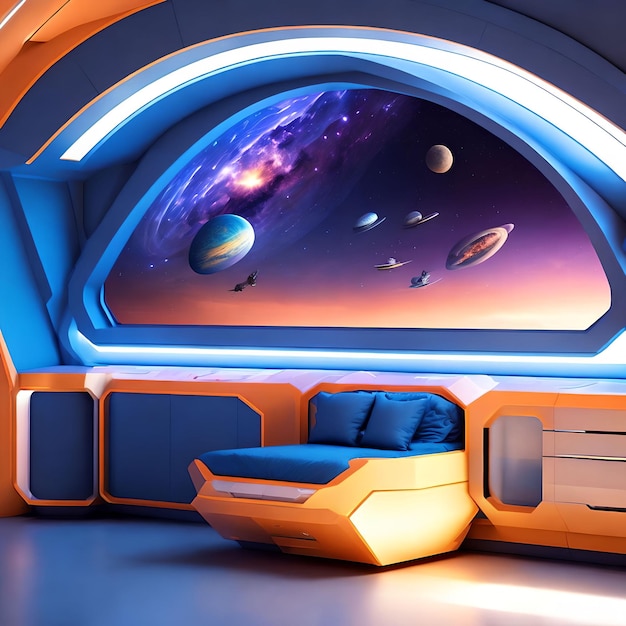 Diseño interior futurista de superficie dura del arte generativo del dormitorio de la nave espacial por AI