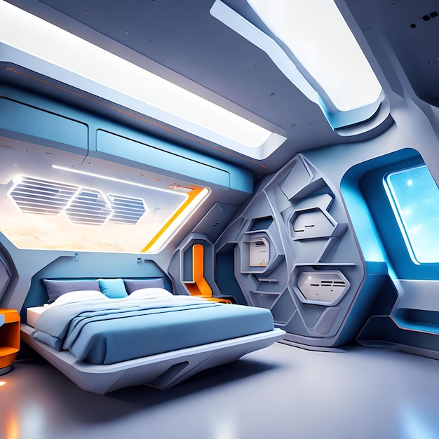 Diseño interior futurista de superficie dura del arte generativo del dormitorio de la nave espacial por AI