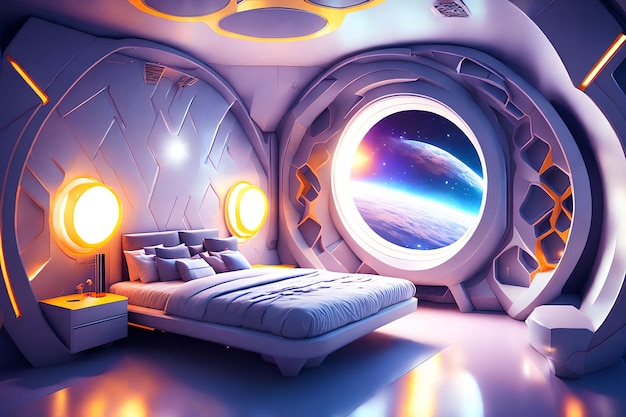 Diseño interior futurista de superficie dura del arte generativo del dormitorio de la nave espacial por AI