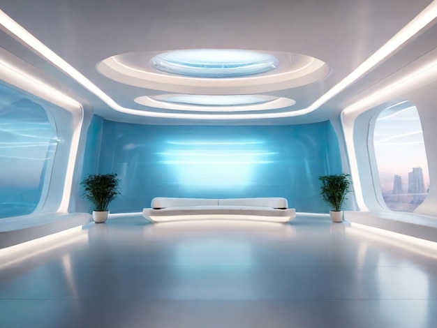Diseño interior de una habitación de neón futurista azul blanco