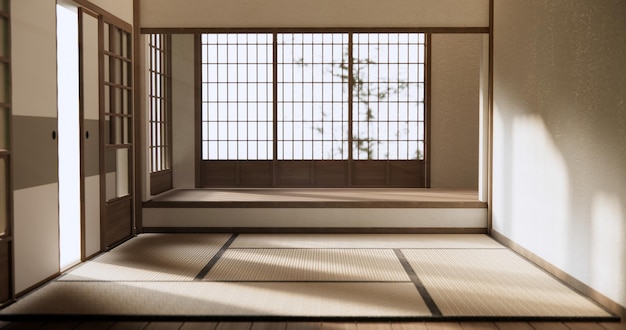 Diseño interior de la habitación Nihon con papel de puerta y alfombra tatami en el piso de la habitación de estilo japonés