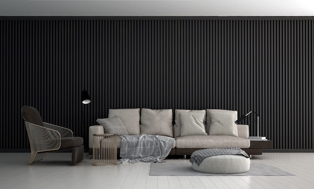 El diseño interior de la habitación de la sala de estar de lujo y la pared de madera negra vacía, representación 3d