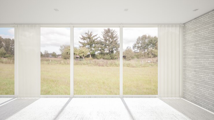 El diseño interior de la habitación vacía y la sala de estar de estilo moderno con ventana o puerta y piso de losa. Render 3d