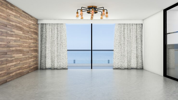 El diseño interior de la habitación vacía y la sala de estar de estilo moderno con ventana o puerta y piso de losa.