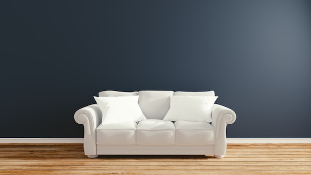 Foto diseño interior de la habitación vacía, sofá y almohada sobre fondo oscuro de la pared. representación 3d